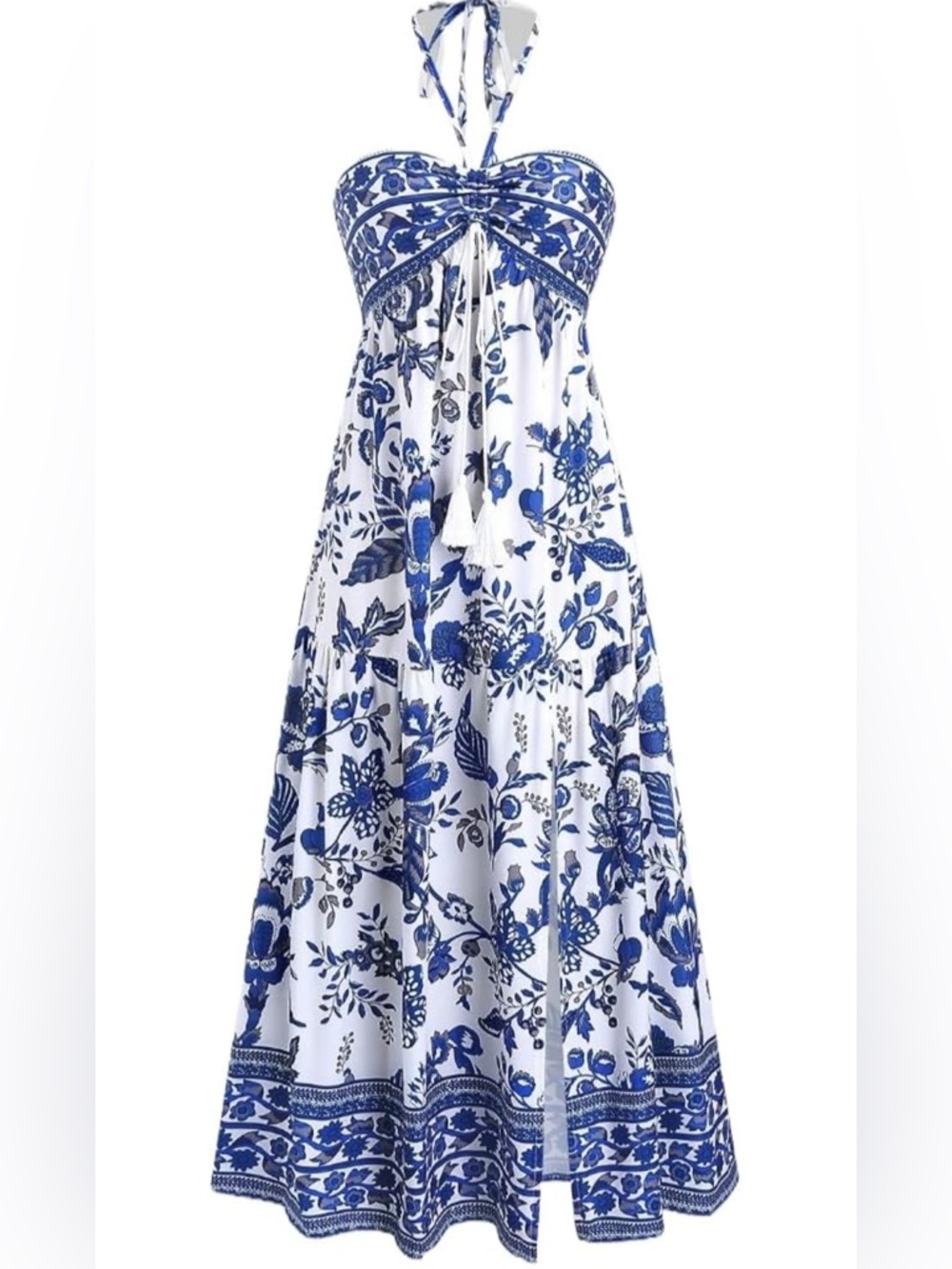 Bohemian Halter Floral Print Maxi Dress for Women Boho Tie Detail High Slit